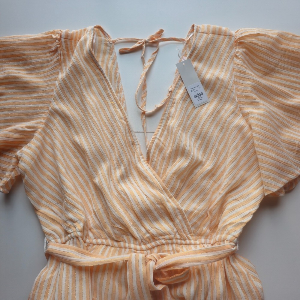 Mi Ami Romper Womens Large Yellow White Striped Surplice Neck Belted Casual NWT - Picture 5 of 9